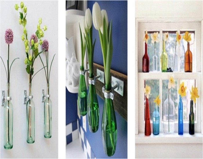 Recycled Glass Bottles with Flowers Wall Decor Idea