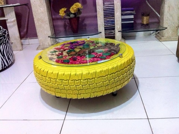 Recycled Tire Coffee Table with Glass Top