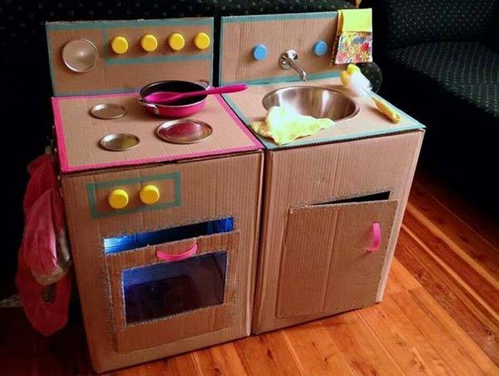 Cardboard Mud Kitchen for Kids