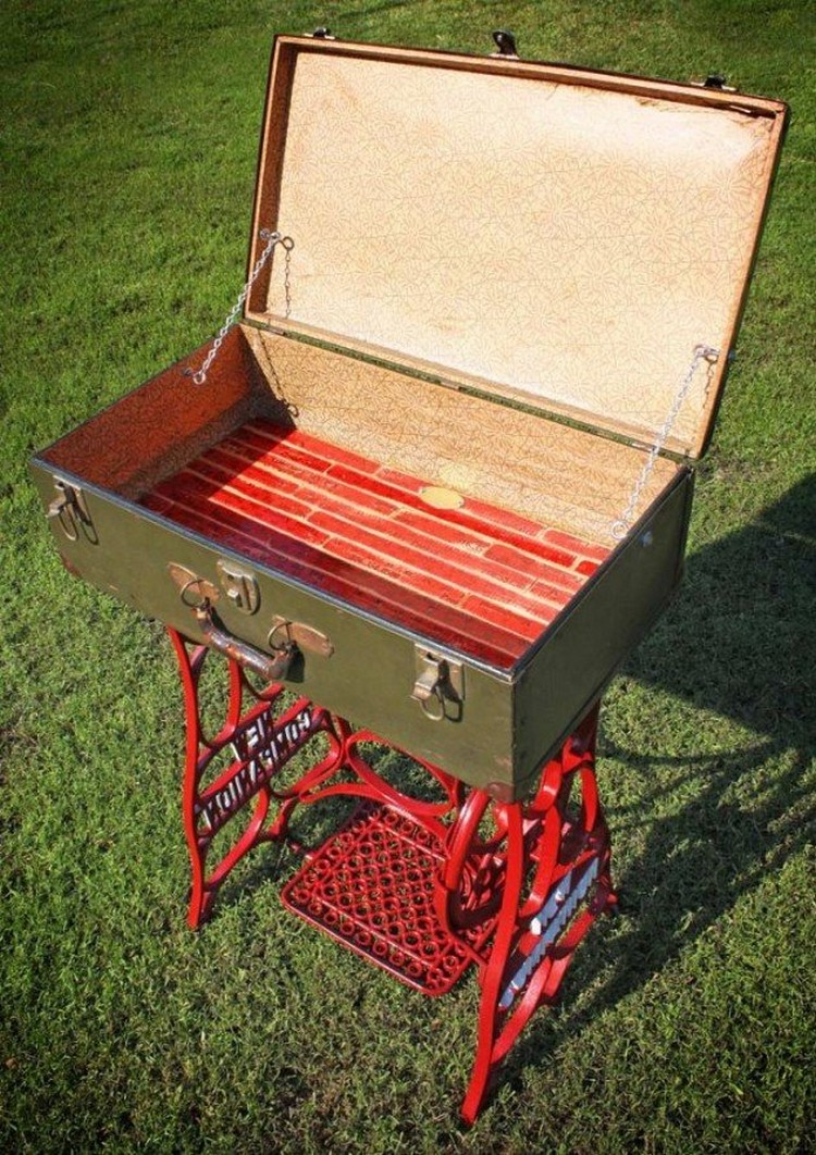 Recycled Suitcase and Sewing Machine Table with Storage
