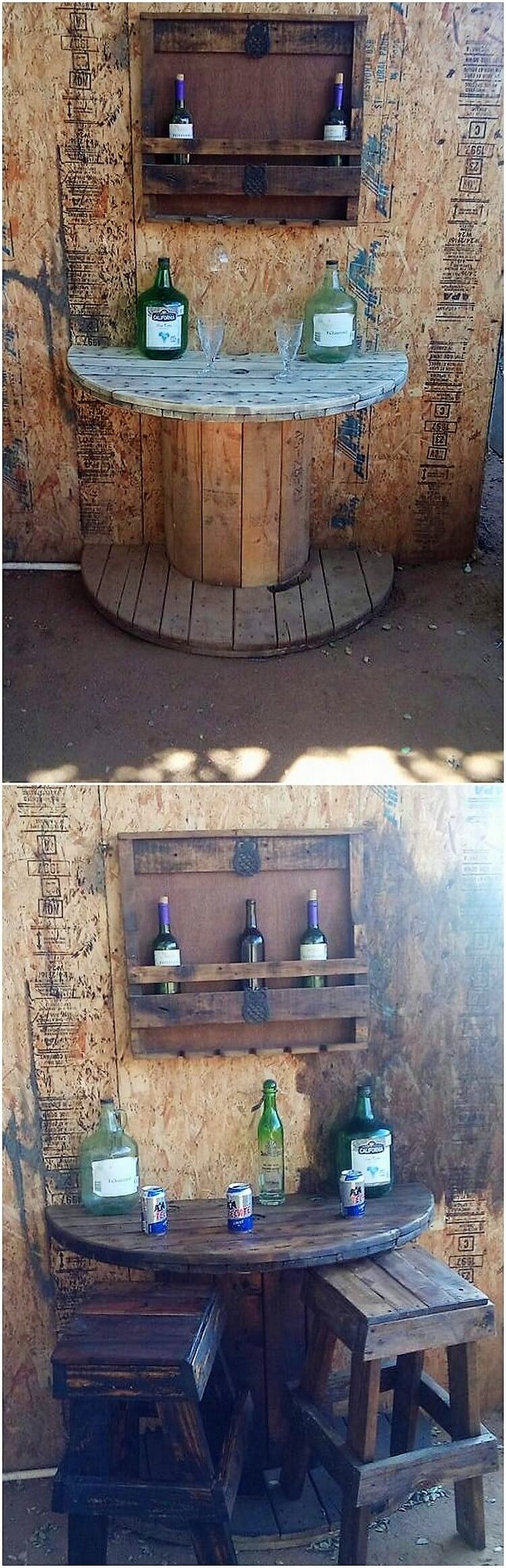 Pallet Wine Rack and Cable Reel Round Table with Benches