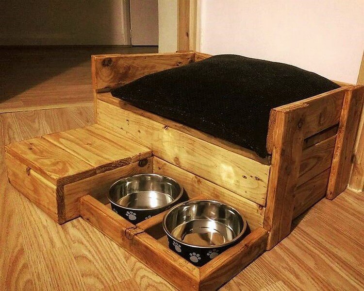 Pallet Dog Bed with Bowls Attached