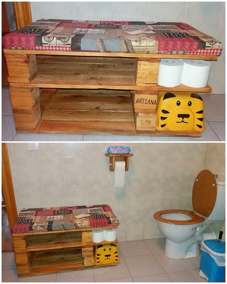 Pallet Bathroom Seat with Toilet Paper Roll Storage